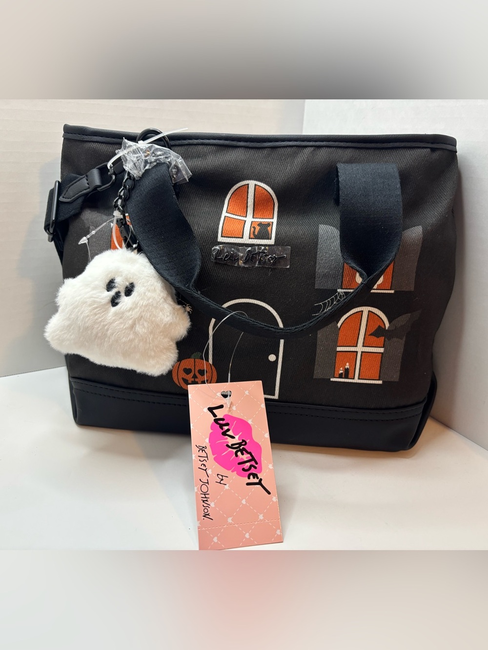 Betsey Johnson Black Halloween Haunted House Tote Bag with Ghost Charm